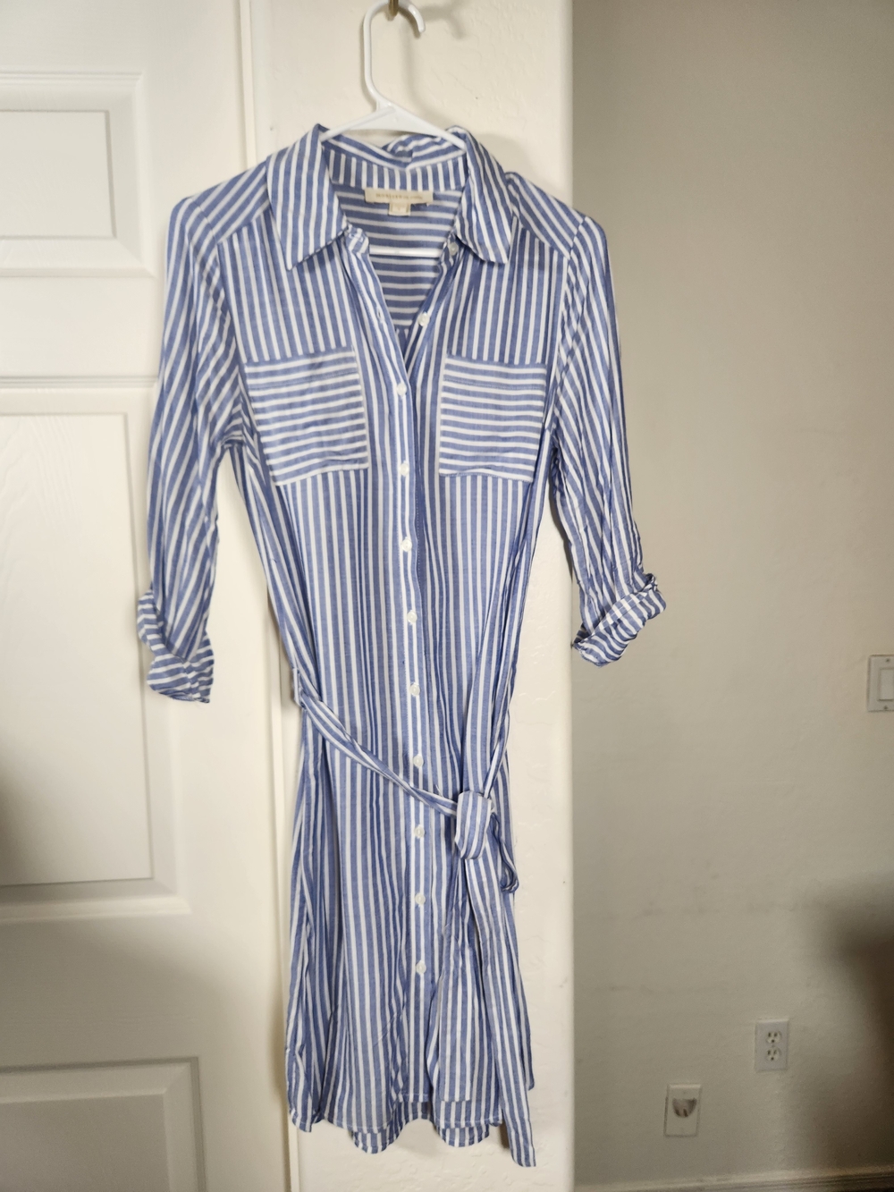 Monteau Blue and White Striped Midi Shirt Dress